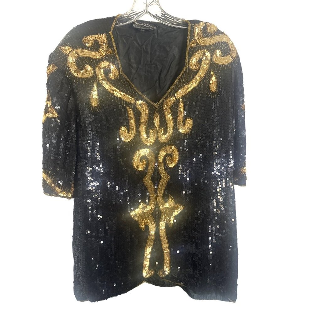 Vintage Royal Feelings Sequin Top Gold Black 4X 100% Silk Short Sleeve 1970's